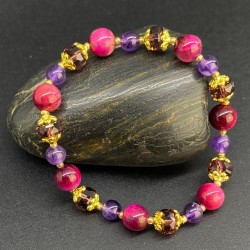Bracelet Oeil de Tigre rose - Améthyste Pierres Naturelles Cristal Perles du Tibet dorées