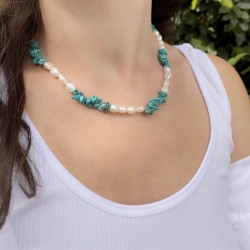 Collier Pierres Naturelles Perles Turquoise et Perle d'eau Idéal Cadeau ! Pochette organza