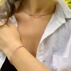 Parure Collier minimaliste + Bracelet Pierres fines Naturelles semi précieuse Tourmaline Rose idéal cadeau