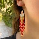 Grandes boucles d'oreilles à franges perlées motif Rouge Blanc Doré