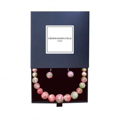 Ensemble Collier et boucles d'oreilles en Perles Naturelles Pierres Jaspe Pluie de fleur - Coffret cadeau