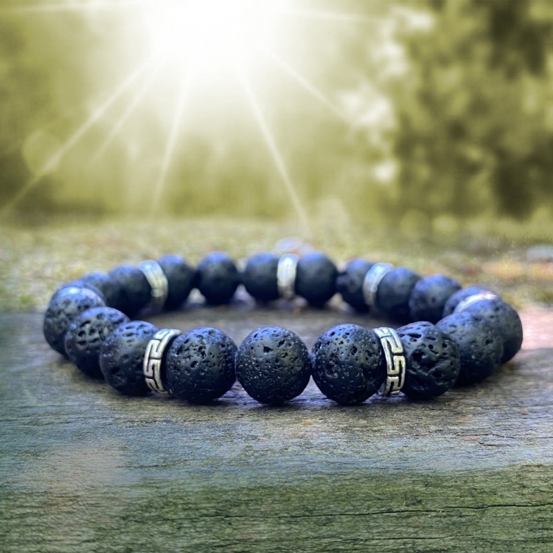 Bracelet Homme Femme Pierre de lave Naturelles Tibet argent Lithothérapie